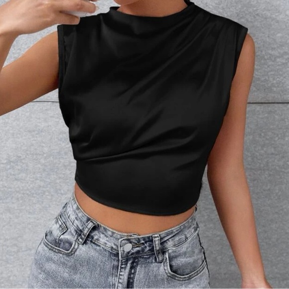 Shein - Mock Neck Satin Crop Top - Picture 2 of 3
